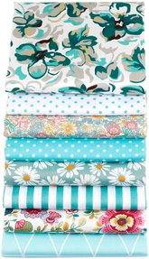 CraftsFabrics Lot de 8 tissus en coton rayé bleu à pois floraux et papillons, 50 x 40 cm de large, pour patchwork, quilting, couture, coussin